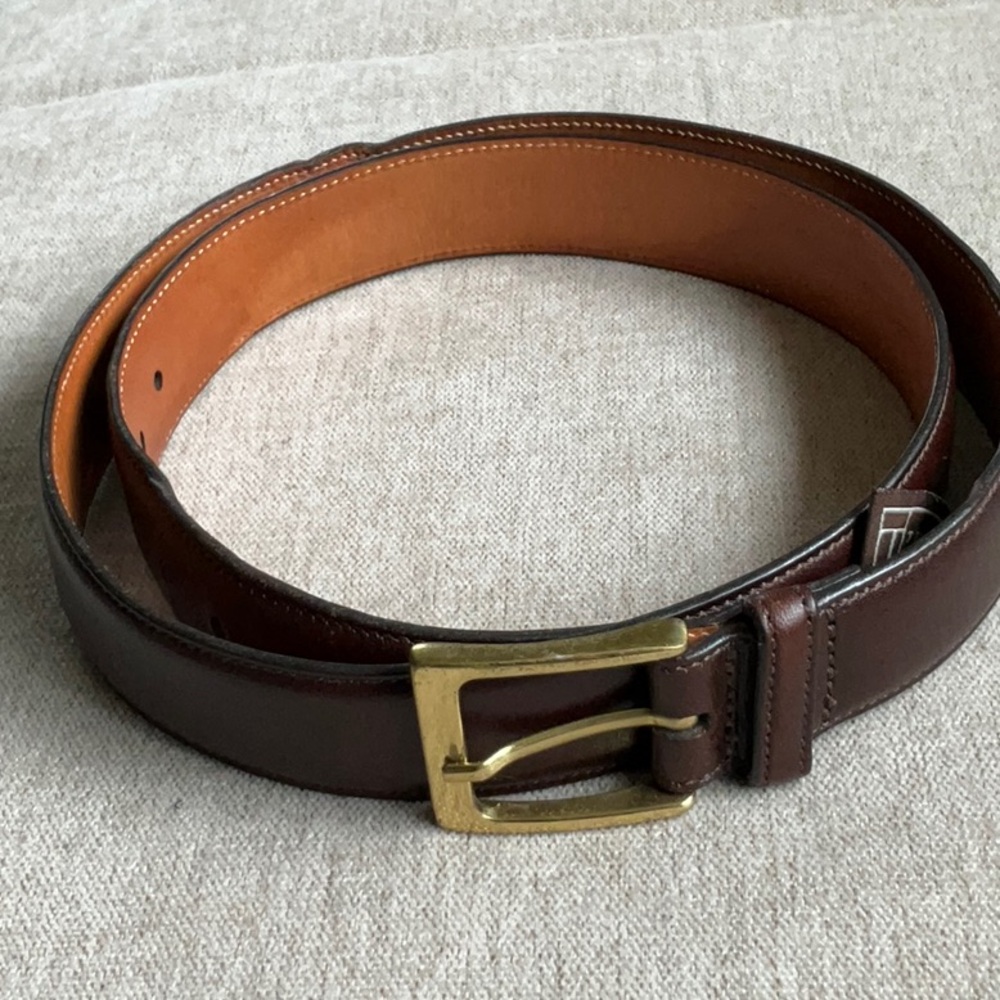 Brown leather belt with gold buckle, size 36